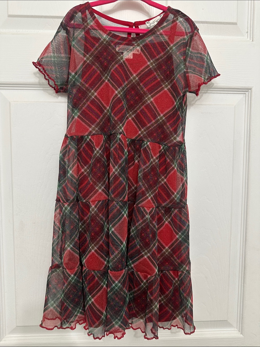 Knitworks Red Plaid Tiered Mesh Dress